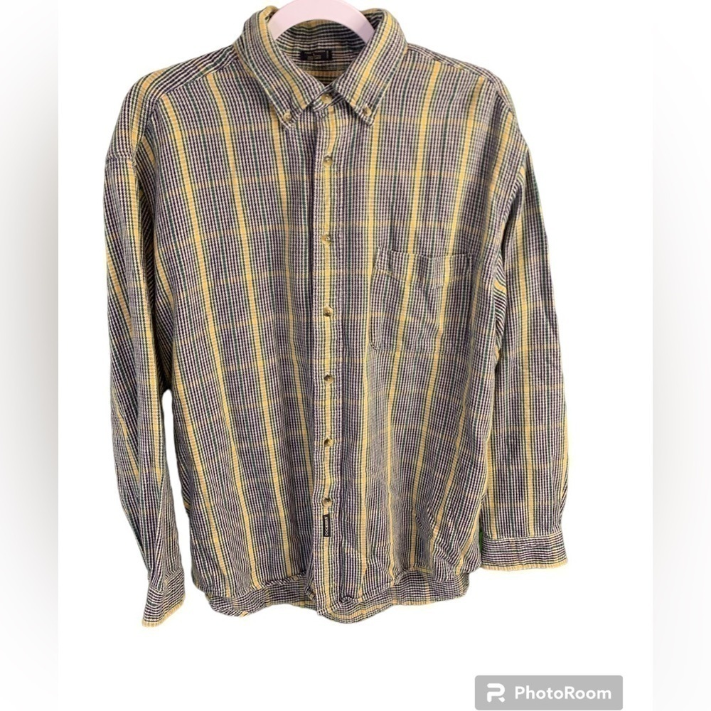 Vintage Dockers Men’s Large Yellow Navy Green Striped Button Down Shirt